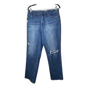 LOFT Jeans Curvy High Rise Straight Size 8 Knee Rip Hole Blue Distressed